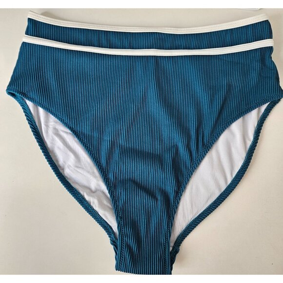 Womens Large High Waisted Bikini Set Adj Straps Ribbed Texture Green White - Picture 8 of 12